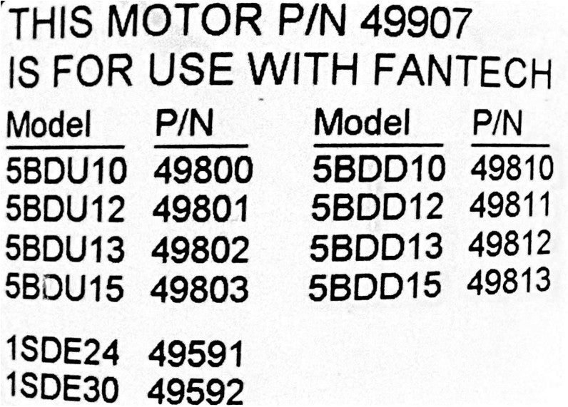 49907 Fantech Belt Drive Exhaust Fan Motor 1/4 HP 115/208/230v Single Phase