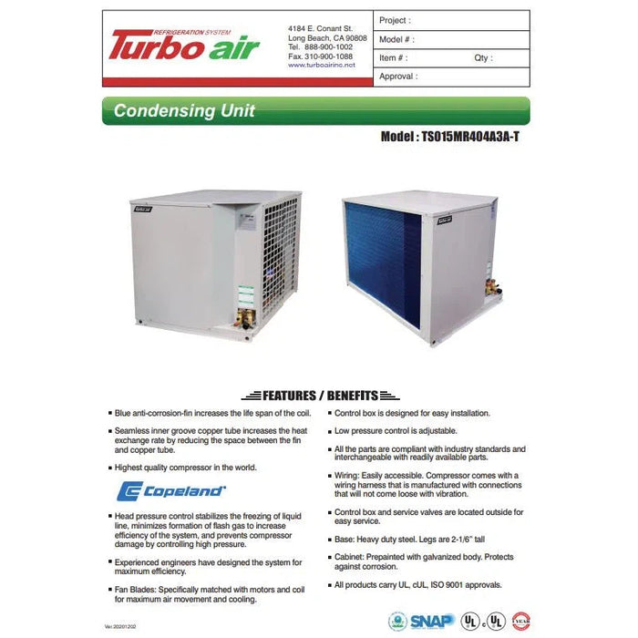 TS015MR404A3A-T Turbo Air Refrigeration Condensing Unit 1.5 HP 208/230v 3 Phase