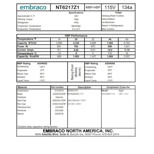 NT6217Z1 Embraco Refrigeration Compressor 3/4 HP R-134a 115v