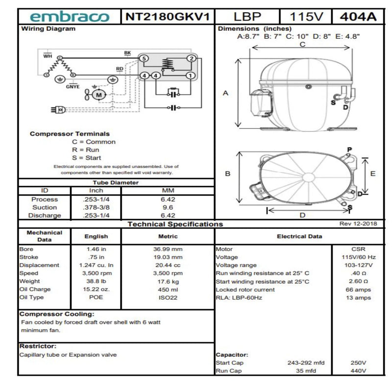 939618 True Embraco Refrigeration Compressor 1 HP R-404A