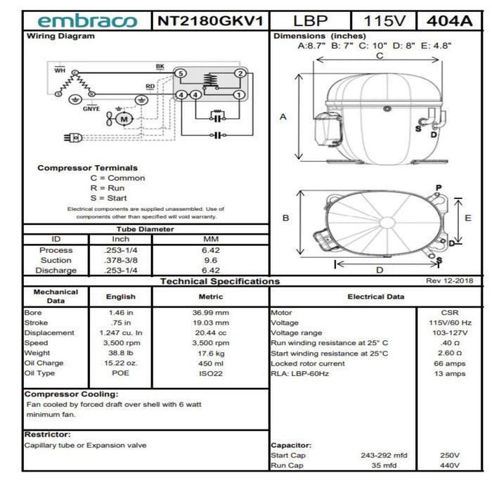 NT2180GKV1 Embraco Refrigeration Compressor 1 HP R-404A