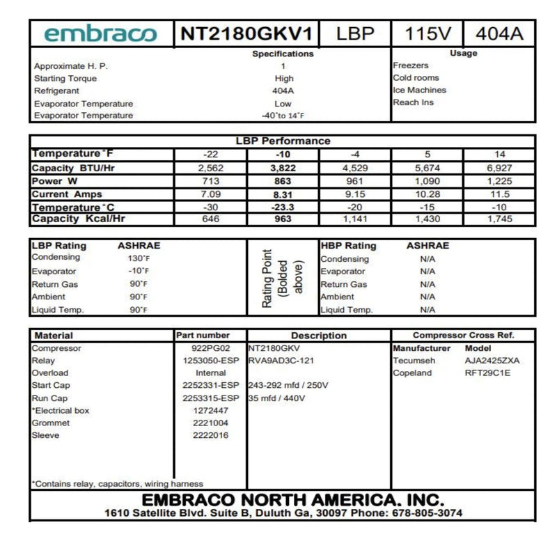 939618 True Embraco Refrigeration Compressor 1 HP R-404A