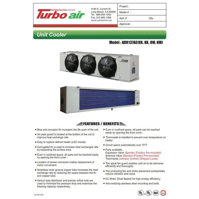 ADR137AEOM Turbo Air Low Profile Evaporator 115v