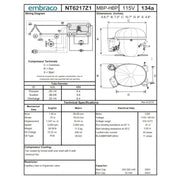 NT6217Z1 Embraco Refrigeration Compressor 3/4 HP R-134a 115v