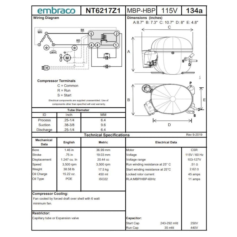 NT6217Z1 Embraco Refrigeration Compressor 3/4 HP R-134a 115v