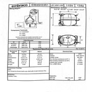 EM45HHR1 Embraco OEM Refrigeration Compressor R-134A 1/8 HP 115v