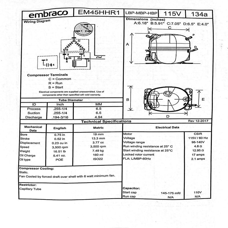 EM45HHR1 Embraco OEM Refrigeration Compressor R-134A 1/8 HP 115v