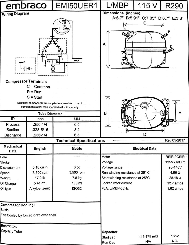 EMI50UER Embraco Refrigeration Compressor 1/6 HP R290 115v