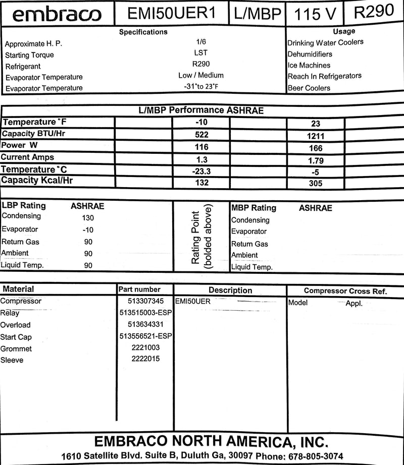 EMI50UER Embraco Refrigeration Compressor 1/6 HP R290 115v