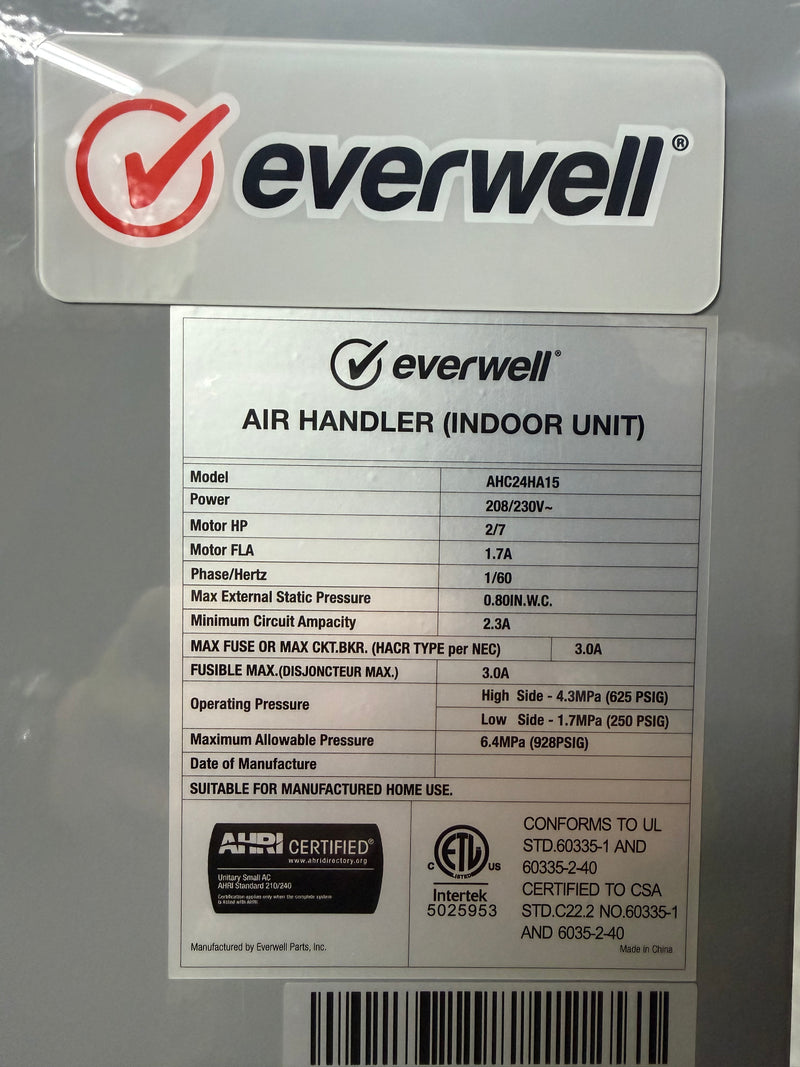 2 Ton EverWell Multi-position Air Handler AHC24HA15 R410A With Heat Kit