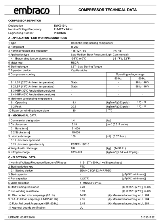 EMC3121U Embraco Refrigeration Compressor R-290 1/4 HP 115v