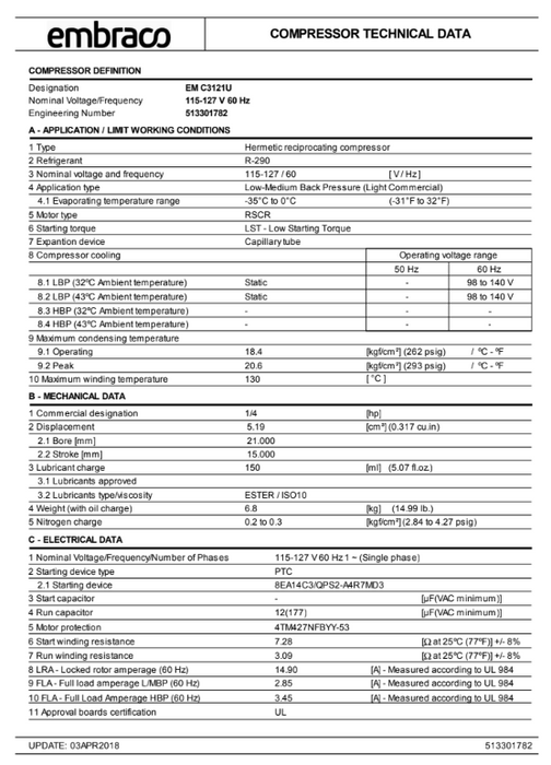 EMC3121U Embraco Refrigeration Compressor R-290 1/4 HP 115v