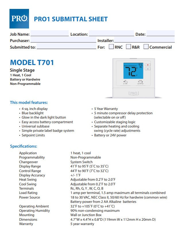 T701 Single Stage 1 Heat 1 Cool Non-Programmable