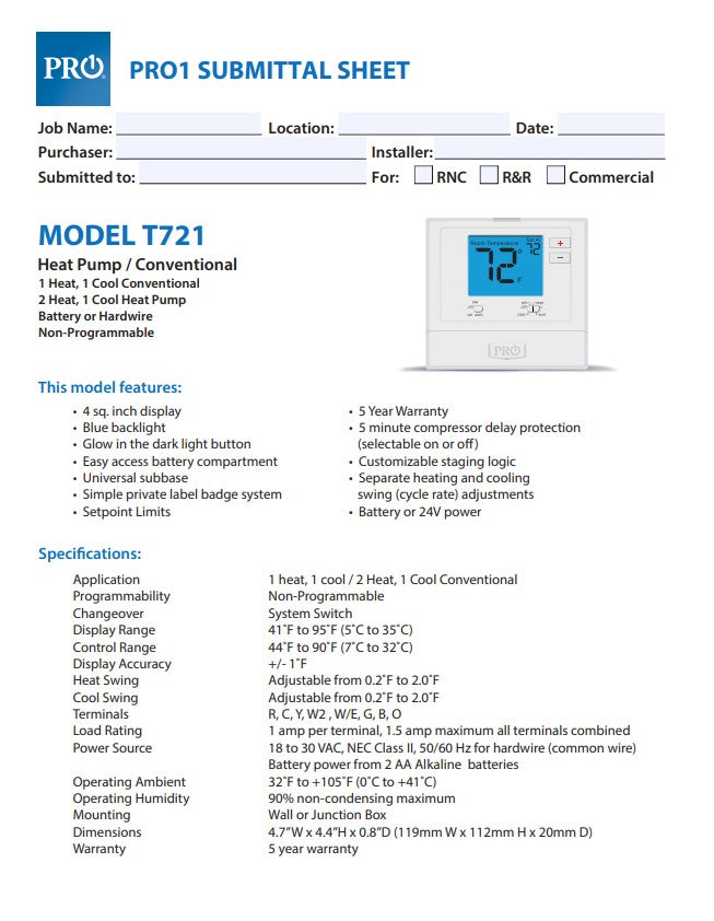 T721 Heat Pump Conventional 2 Heat 1 Cool Non-Programmable