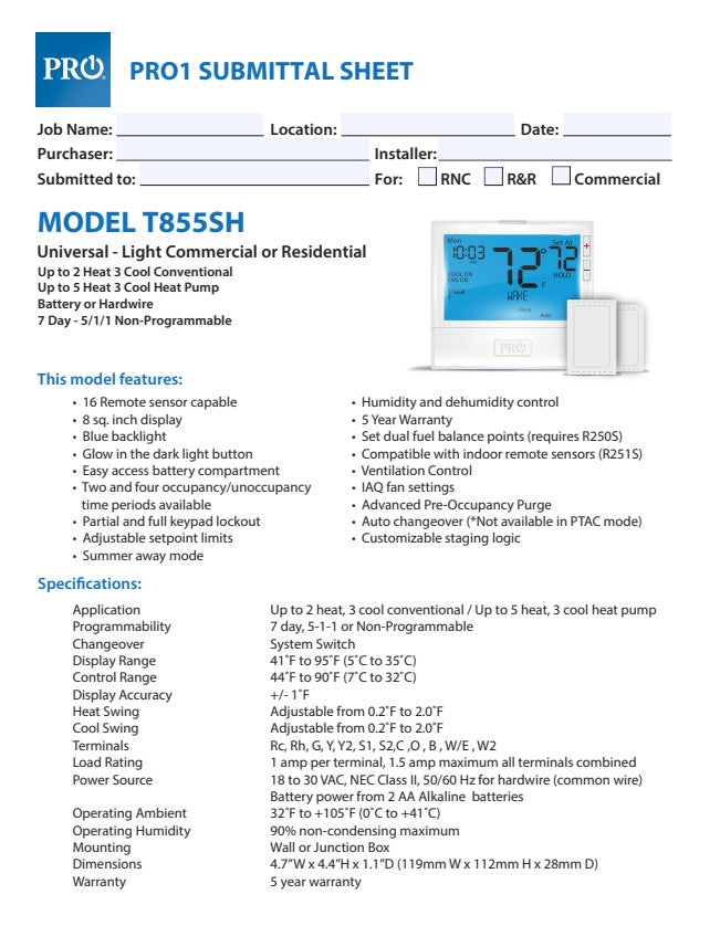 T855SH Universal Residential Light Commercial Non-Programmable