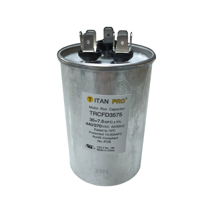 TRCFD3575 Titan Pro Moto Run Round Capacitor 35+7.5 MFD x 440/370 VAC