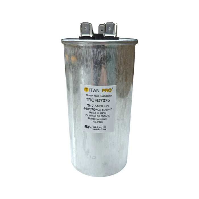 TRCFD7075 Titan Pro Moto Run Round Capacitor 70+7.5 MFD x 440/370 VAC