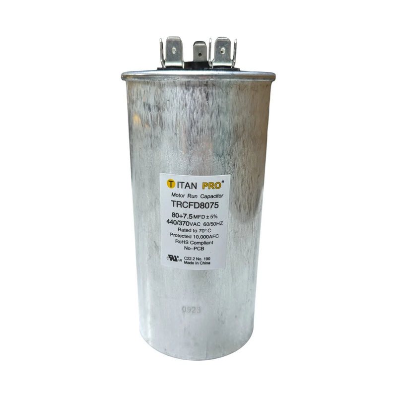 TRCFD8075 Titan Pro Moto Run Round Capacitor 80+7.5 MFD x 440/370 VAC